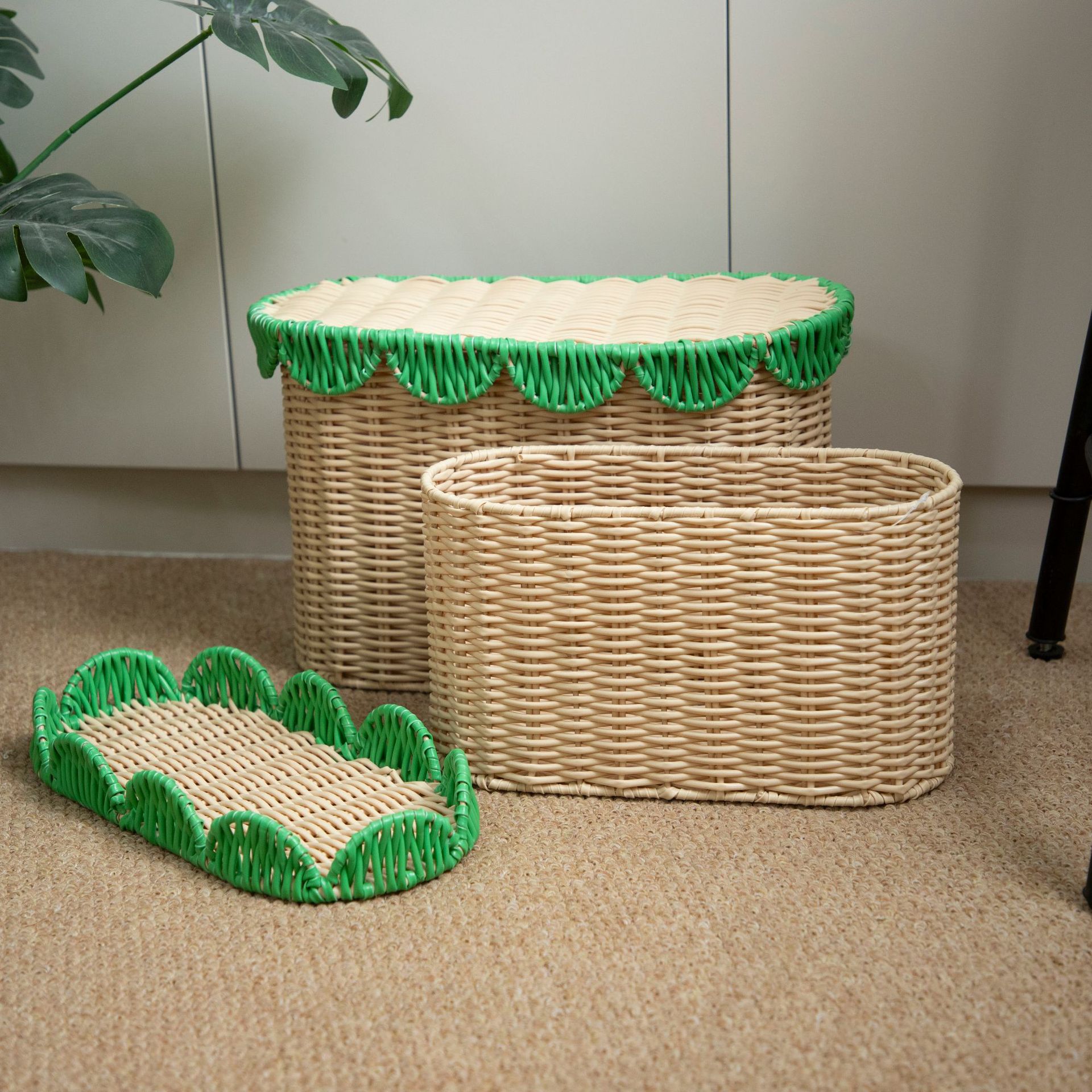 Amazon nuevo producto de caña verde canasta de encaje pequeño almacenamiento fresco almacenamiento de escritorio almacenamiento de gabinete de acabado