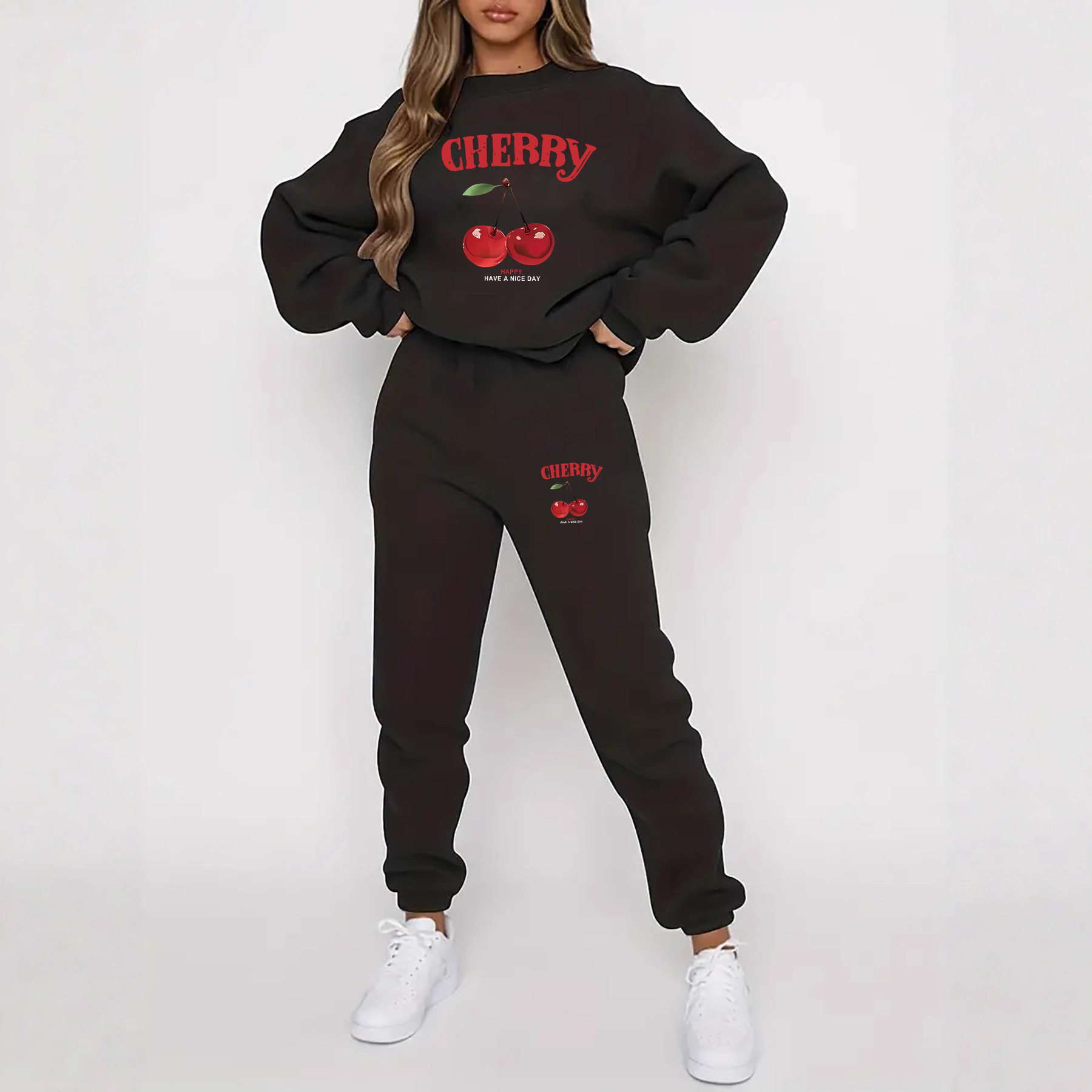 0021Wc22 Sweatshirt Fleece-Lined European and American Women's Autumn and Winter Women's Printed Personalized Casual Sports Suit Two-Piece Set