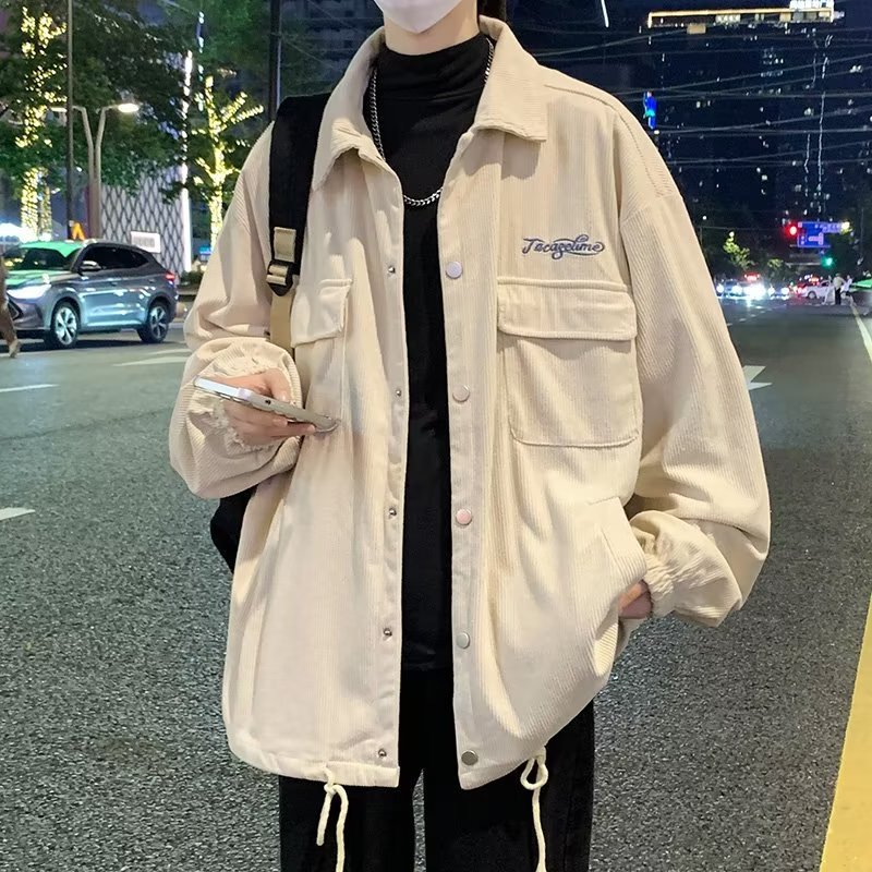 Autumn corduroy jacket shirt men's pocket embroidery design casual long-sleeved jacket student design sense niche fashion brand