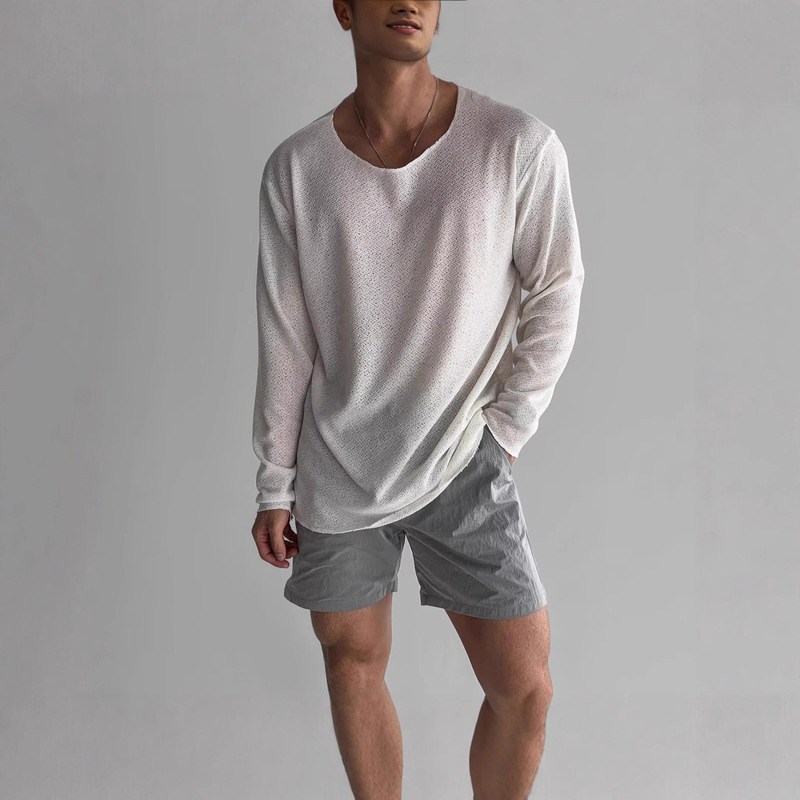 Mini Plush Long-Sleeved Knitted Sweater Men's Light and Mature Style Casual Light and Breathable Relaxed Low-Neck T-Shirt Blouse