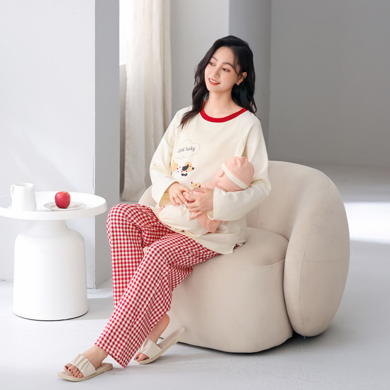 Postpartum Pajamas for Women, Pure Cotton, Spring and Autum Nursing Long-Sleeved Suit, Breastfeeding Large Size, Adjustable Postpartum Maternity Home Clothes