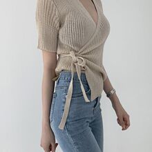 韩版春夏显瘦领上衣女绑带式一片式针织衫薄款收腰上衣短袖