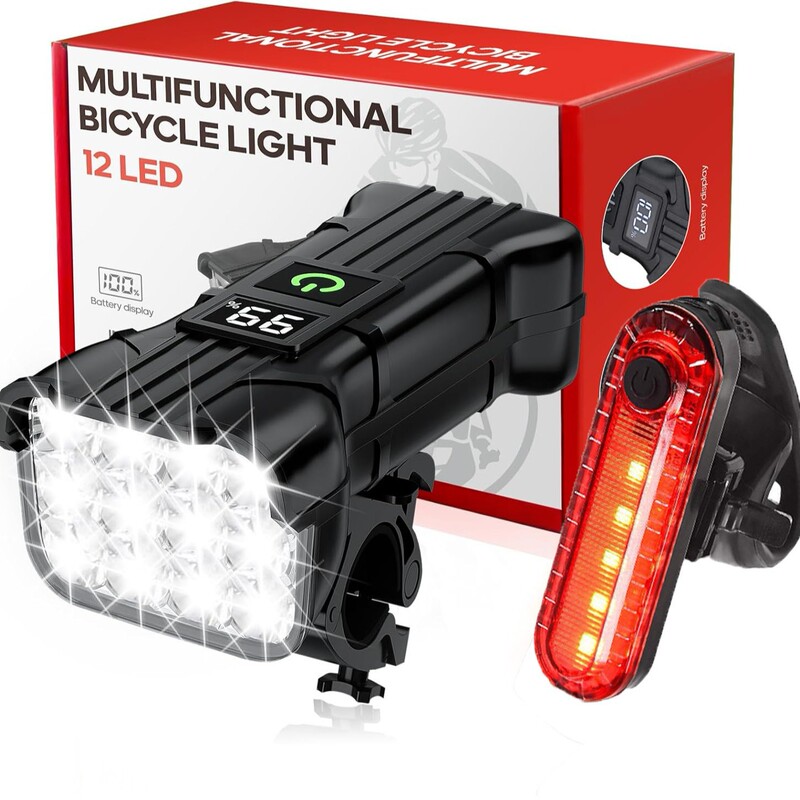 新しい自転車ホーンライト 12LED 高輝度マウンテンバイク乗馬警告灯デジタルディスプレイ付き大容量 USB フロントライト|undefined