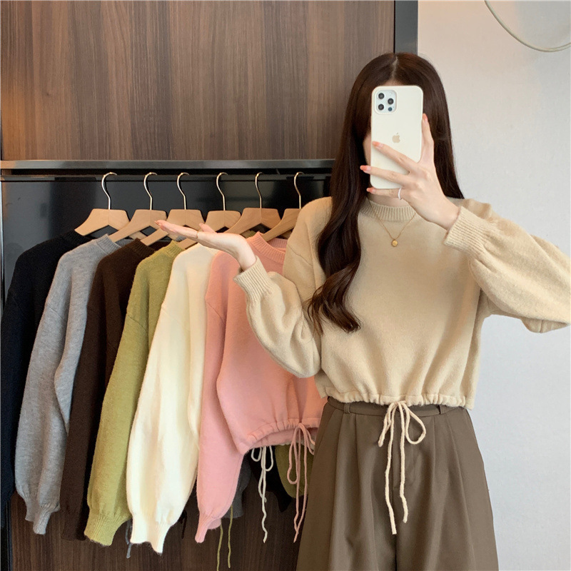 Coreano de color sólido simple perezoso estilo pequeño suéter de moda de otoño y invierno de cuello redondo cuerdas sueltas jersey de tendencia image 3