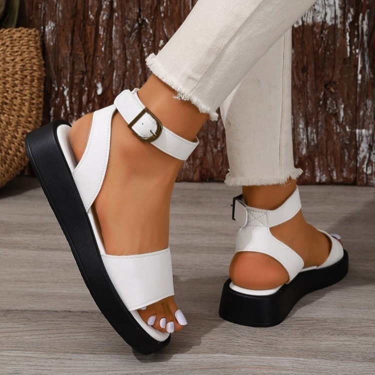 Sandalias Romanas con Tacón de Cuña y Plataforma Talla 43 de PU con Cierre de Hebilla para Verano