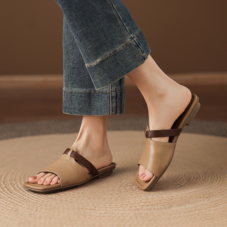 Dép sandal nữ xỏ ngón đế bệt phối màu hở mũi thời trang — màu trắng ngà, màu mơ chi tiết 55