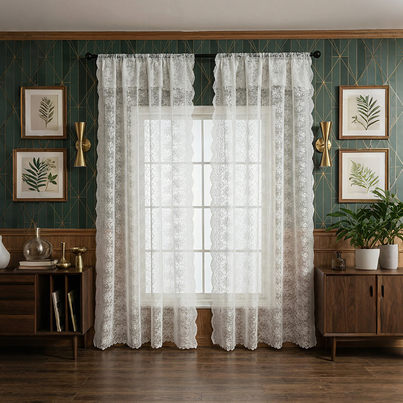 Transparente, durchscheinende Türvorhänge für Erkerfenster, Wohnzimmer, Schlafzimmer, amerikanischer Stil, florale Spitze_voghion.com