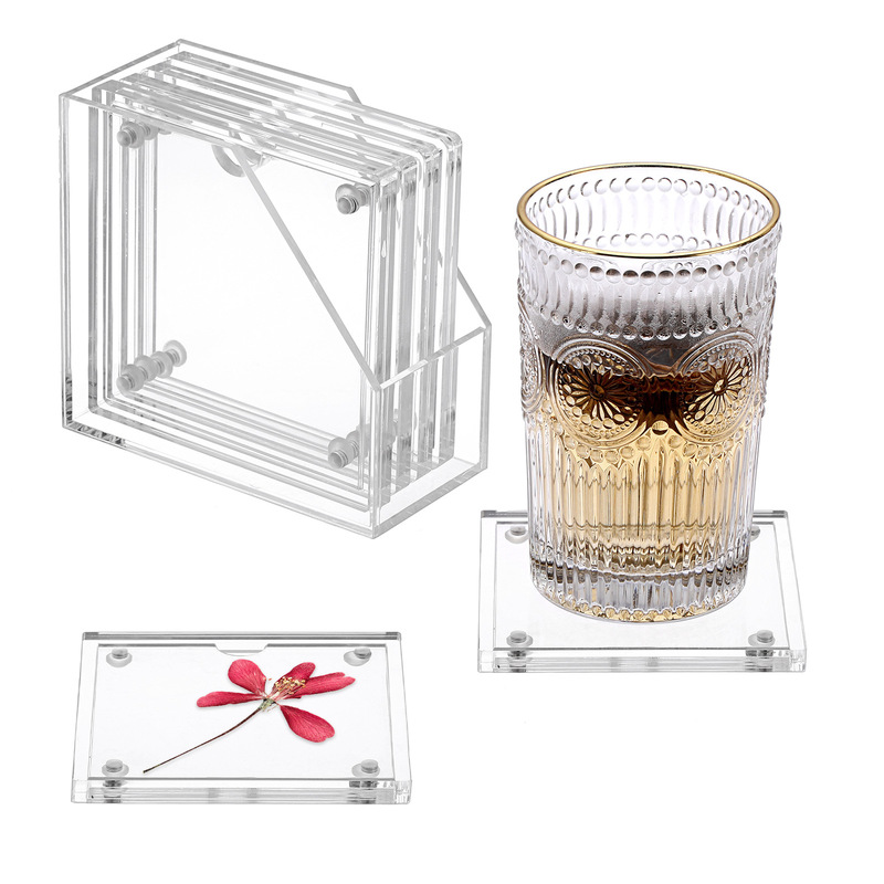 Factory in stock wholesale Amazon hot selling acrylic coaster transparent photo frame coaster wine glass mat four-piece set Factory in stock wholesale Amazon hot selling acrylic coaster transparent photo frame coaster wine glass mat four-piece set