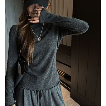 仿羊绒秋冬季半高领木耳边修身打底衫女时内搭简约纯色可外穿上衣