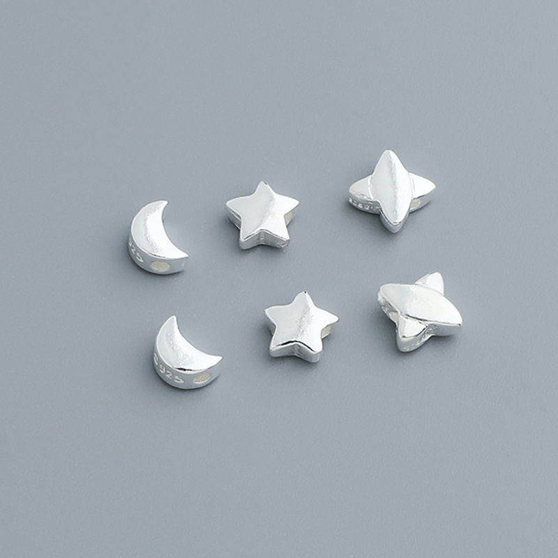 S925 pure silver glossy geometric star Moon perforated beads DIY beaded bracelet five-pointed star loose beads accessories