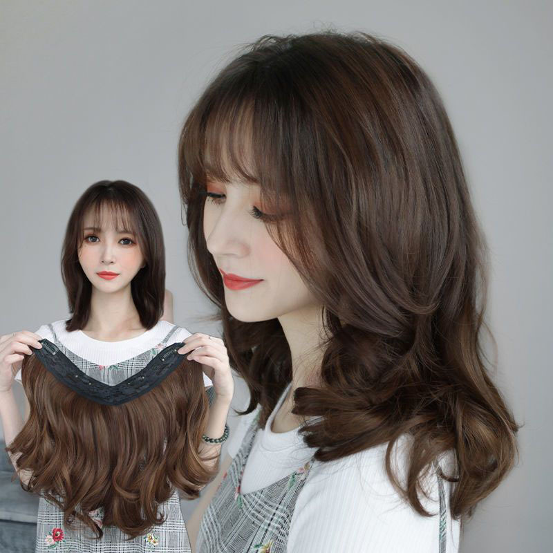 Wig Curly Hair Medium-long One-piece Realistic Non-marking Big Wave V-shaped Curly Hair Curly Hair Short Curly Hair Extending Short Hair