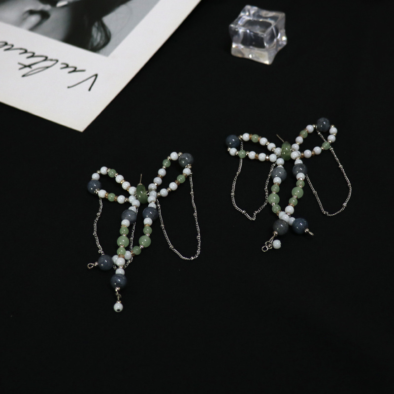 Vintage Jade Green White Beaded Chain Bow Alloy Earrings Womenpicture8