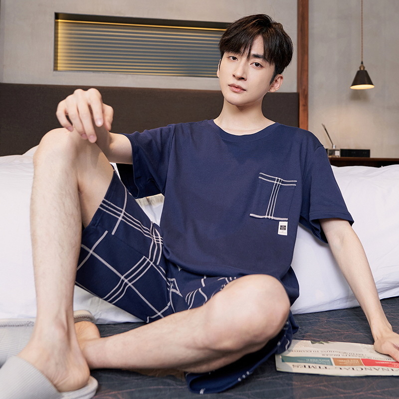 Pijama de algodón de los hombres de verano cortos de manga corta de algodón de alta calidad Juventud más tamaño de verano Plaid