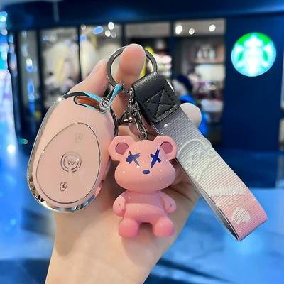 Nina Electric Car Key Case: Car key bag - electric-car-j-smart-3-key-pink-single-shell-pink-violent-bear-pendant