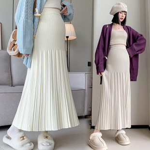 in stock Maternity Autumn and Winter New Knitted Skirt Pleated Skirt Casual Slimming Loose Pregnant Women A- Line Skirt
