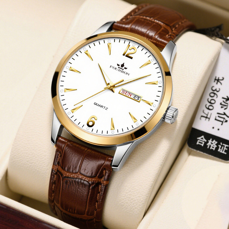 Watch with Dual Calendar, Luminous, Genuine Leather Strap, Digital, Men's Wholesale Waterproof Wristwatch, Large Dial, Business Analog Style