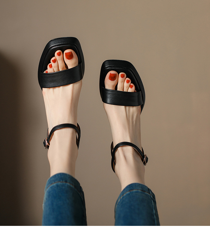 Sandal cao gót nữ quai ngang hở mũi da bò thật khóa thời trang — Màu đen chi tiết 15