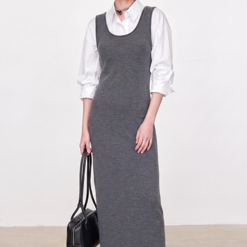 Sansen Relaxed Wool Vest Dress Simple U-Neck Sleeveless Long Dress Workwear Layering Set for Women
