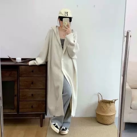 2025秋冬新款连帽宽松慵懒风长款针织大衣纯色简约法式开衫外套女|undefined