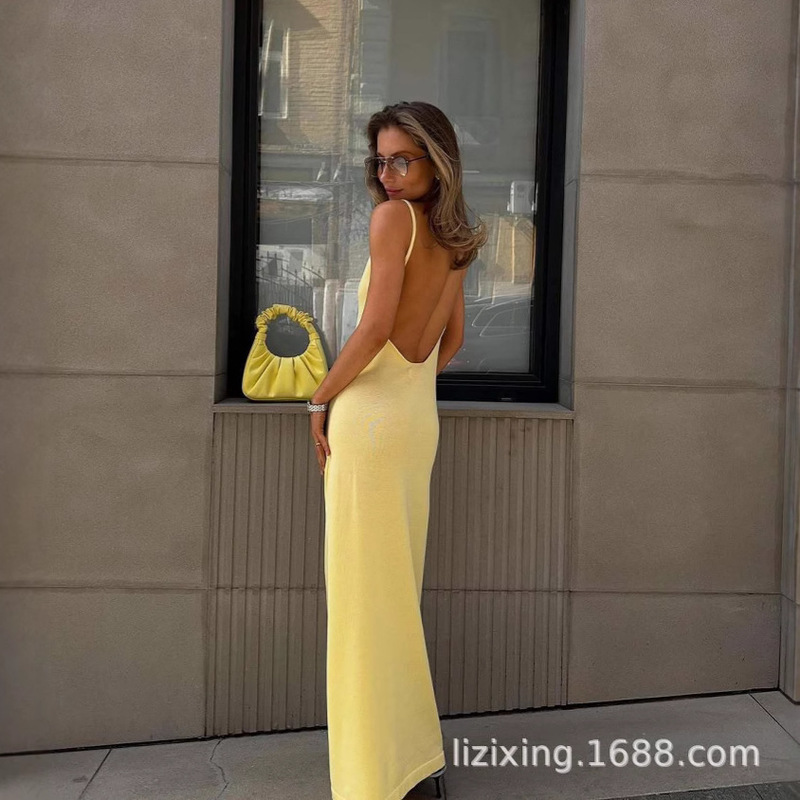 Cross-border Explosions A- shaped Knitted Dress 2025 Summer European and American Women's Solid Color Sling One-step Skirt dress Wholesale