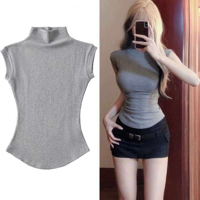 Летняя женская футболка без рукавов с половиной высоким воротником Sweet and Spicy в стиле ретро, ​​тонкий и стильный, универсальный короткий топ