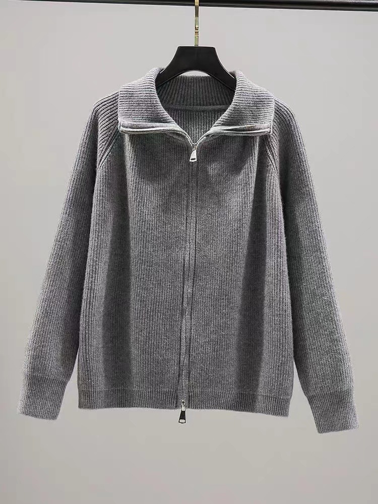 Cropped Knit Cardigan – Double-Zip Oversized Shacket (Maroon/Gray/Beige, One Size)_voghion.com
