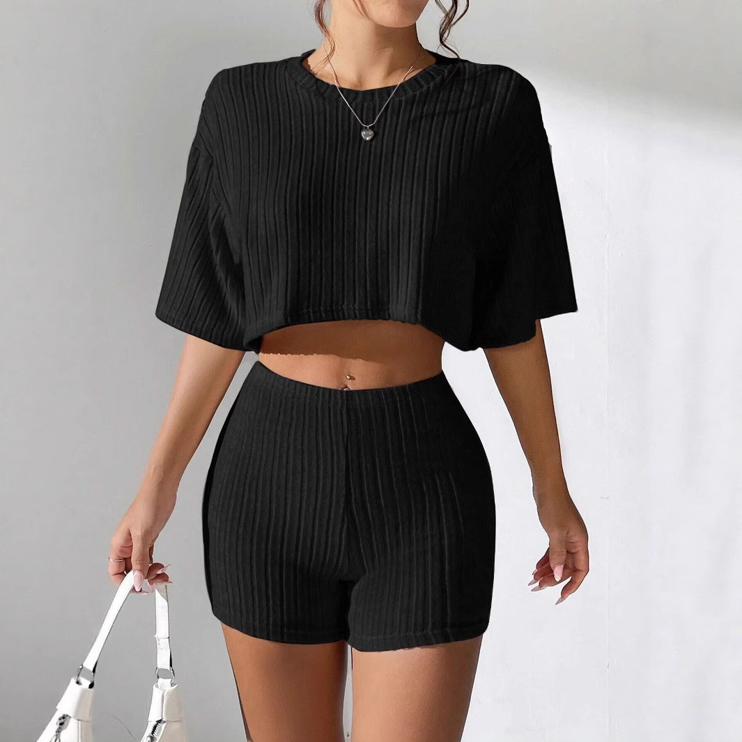 2025 Amazon 크로스보더 유럽 및 미국 의류 봄 여름 패션 짧은 라운드 넥 티셔츠 탑 반바지 여성용 투피스 세트