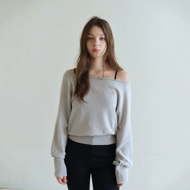 Now available: Korean designer lilly* off-shoulder solid color knit top, Korean-style women's clothing, stylish and elegant long-sleeve top for women