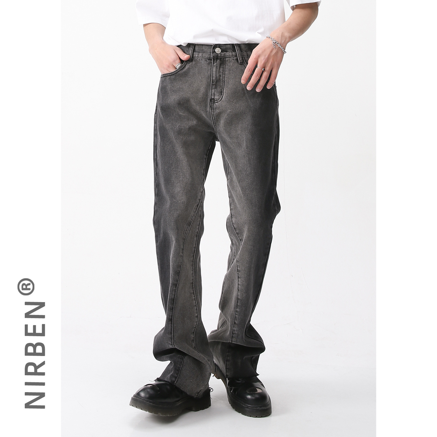 Nirben Denim | Pantalones acampanados de los nuevos hombres de moda retro cintura elástica estilo coreano gradiente pantalones acampanados