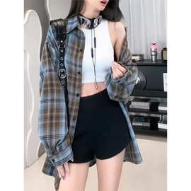 硫酸铜美拉蓝穿搭格子衬衫外套女秋季宽松慵懒松弛感高级上衣衬衣