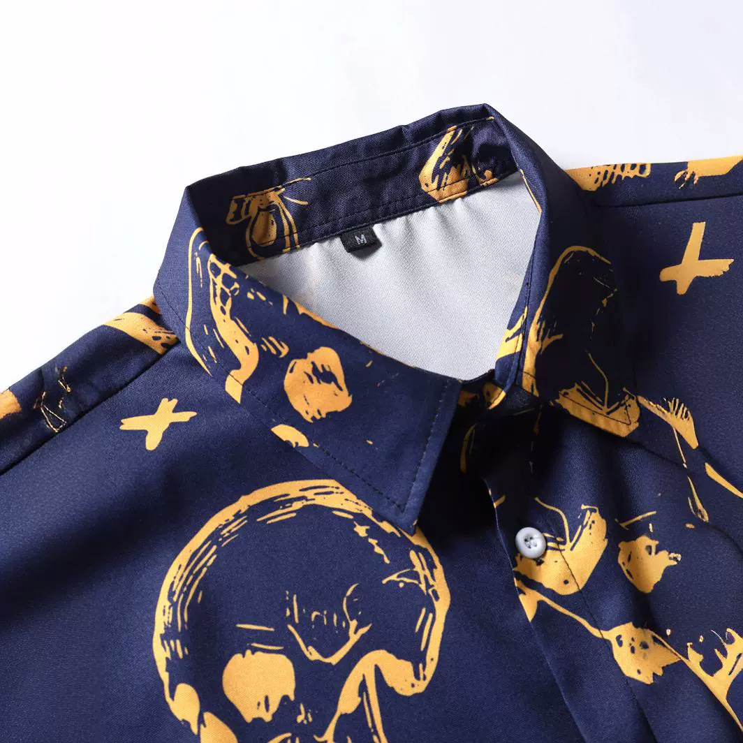 Camisa de los hombres del estilo punk de los hombres azul marino gran cráneo digital impreso camisa de manga corta 2023 verano nuevo