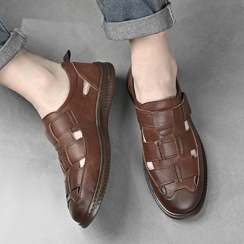Men's Leather Sandals With Breathable Hollow Design For Summer_voghion.com