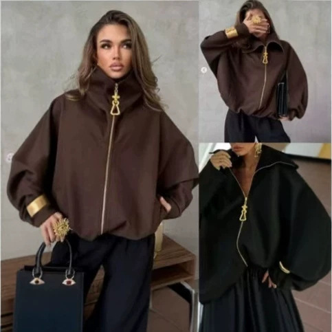 In-Stock European and American Cross-Border Women's Fashion Autumn New Trendy Brown Loose Casual Versatile Long-Sleeve Jacket Top In-Stock European and American Cross-Border Women's Fashion Autumn New Trendy Brown Loose Casual Versatile Long-Sleeve Jacket Top
