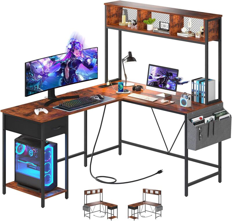 Flipable L-Shaped Computer Desk Office Desk with Power Outlet Storage Shelves and Drawers Corner Table with Storage Bag