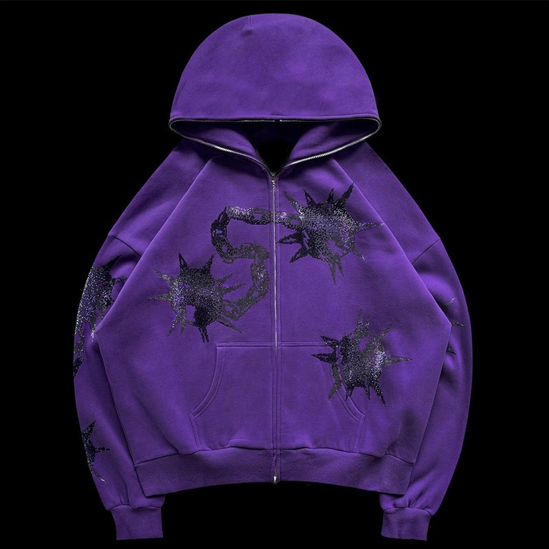 Felpa cardigan in stile americano street gothic con cappuccio stampato con motivo disegnato a mano_voghion.com