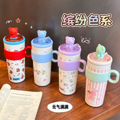 可爱大容量保温杯女生吸管水杯女新款小熊高颜值带茶仓办公室杯子