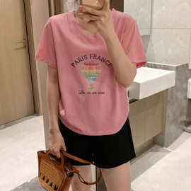 YING+十三行 热气球字母侧边褶皱T恤显瘦V领百搭短袖夏季M83-7757