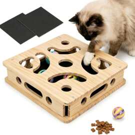 实木猫咪迷宫玩具益智磨爪自嗨解闷带逗猫棒互动游戏盒猫抓墙贴