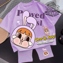 外贸儿童套装夏季新款卡通印花中小童女孩宝宝短袖条纹长裤两家套