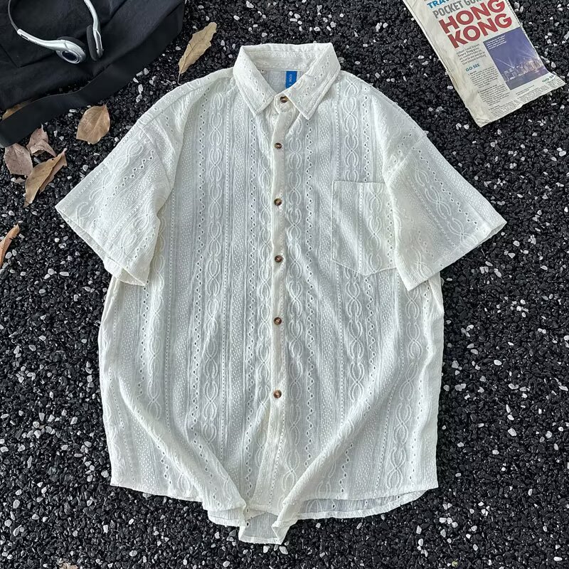 大码日系复古纯色短袖衬衫潮牌宽松百搭痞帅男休闲衬衣