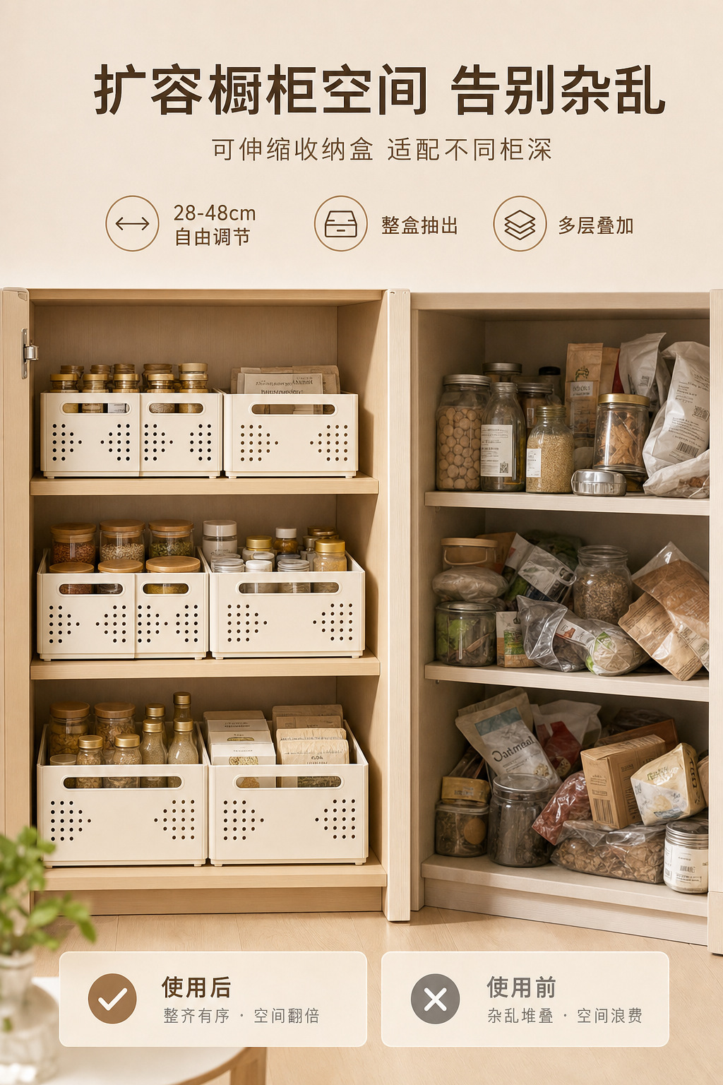 Collapsible storage basket kitchen, expandable, drawer organizer