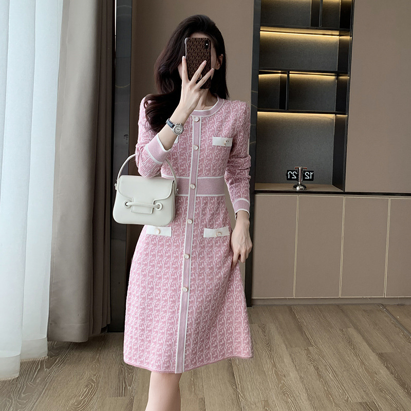 实拍现货十三行名媛女装小香风高腰a字长裙气质女大摆针织连衣裙