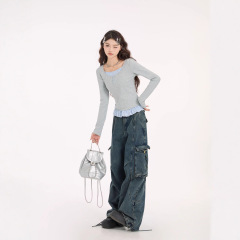 正肩显瘦长袖t恤女2025新款秋季小个子假两件修身绝美漂亮小上衣