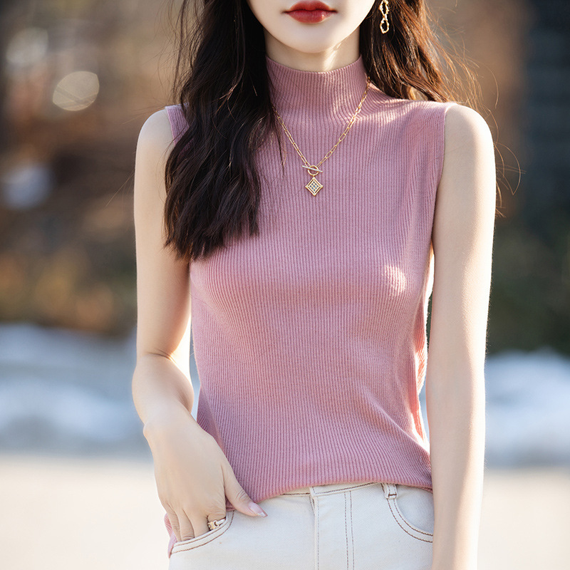 Cross-Border Knitted Camisole for Women 2025 Summer New Thin Style Half-High Collar Loose Fit Elegant Casual Sleeveless Cross-Border Knitted Camisole for Women 2025 Summer New Thin Style Half-High Collar Loose Fit Elegant Casual Sleeveless