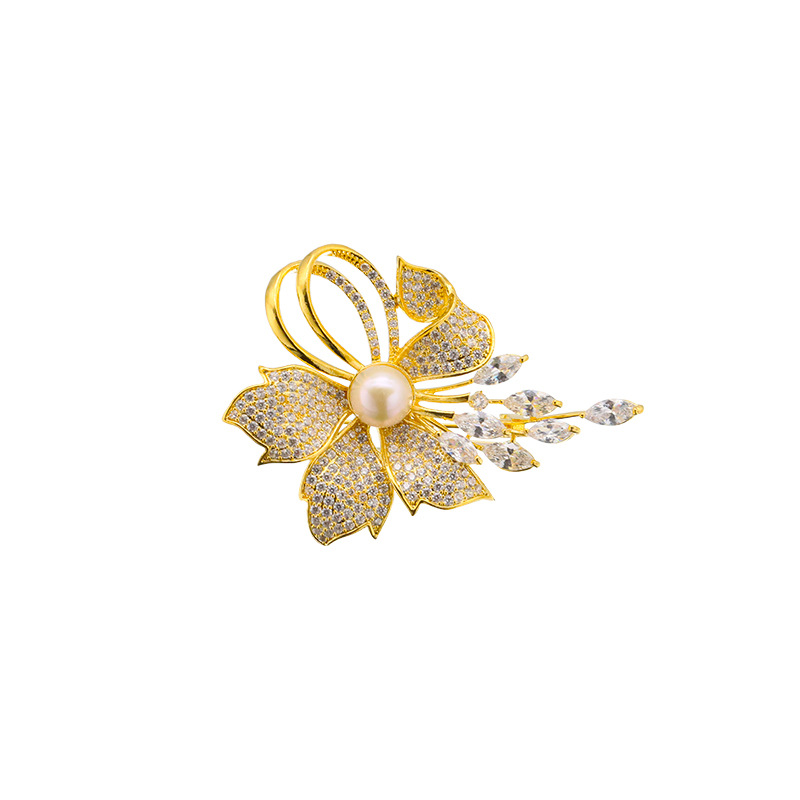 Natural de agua dulce perla broche mujer Chanel estilo elegante pin ramillete joyería 18K oro real galvanoplastia color retención