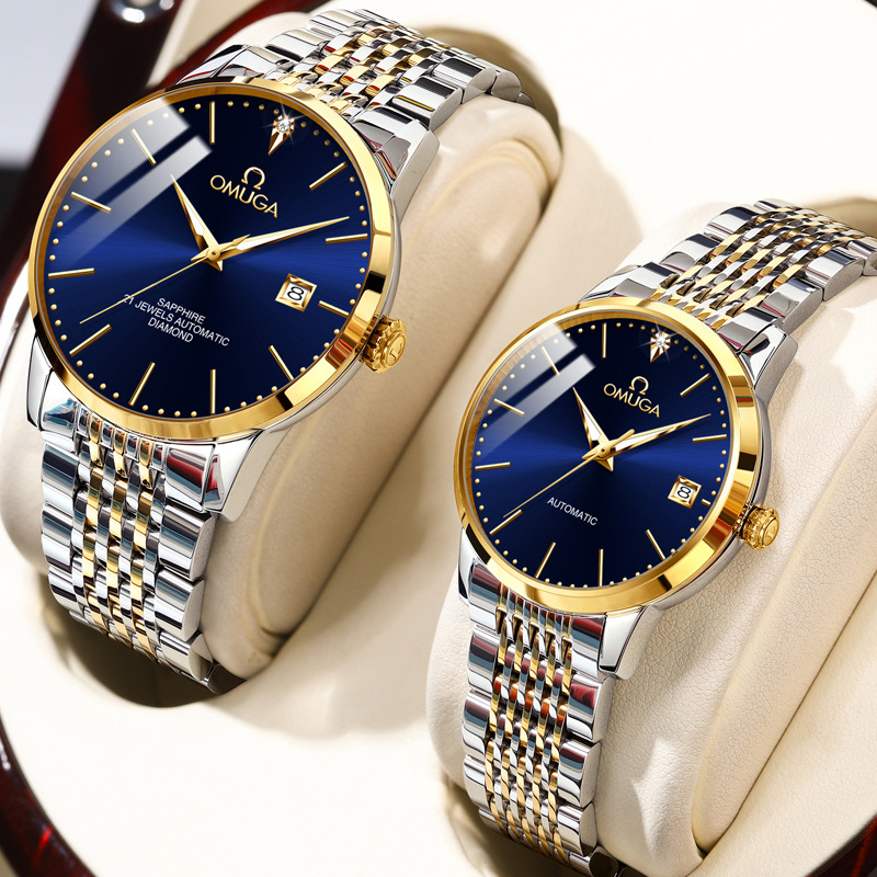 Swiss Brand Genuine Omuga Real Diamond Couple Watch, Fashionable and Luxurious, Luminous, Waterproof, Business Automatic Mechanical Watch
