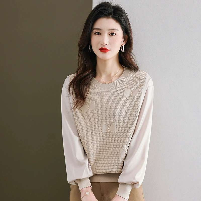 2024 Весна и осень Новый круглый вырез нитью бисером женский свитер пуловер свитер Модный Западный стиль свободный внутренний топ