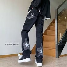 跨境美式vibe裤子高街刺绣星星牛仔裤男款设计感修身直筒微喇裤男