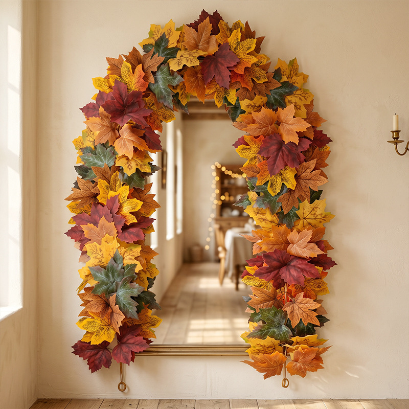 Cross-Border In-Stock Artificial Maple Leaf Vines for Autumn, Halloween, Thanksgiving, and Christmas; Wholesale Artificial Greenery