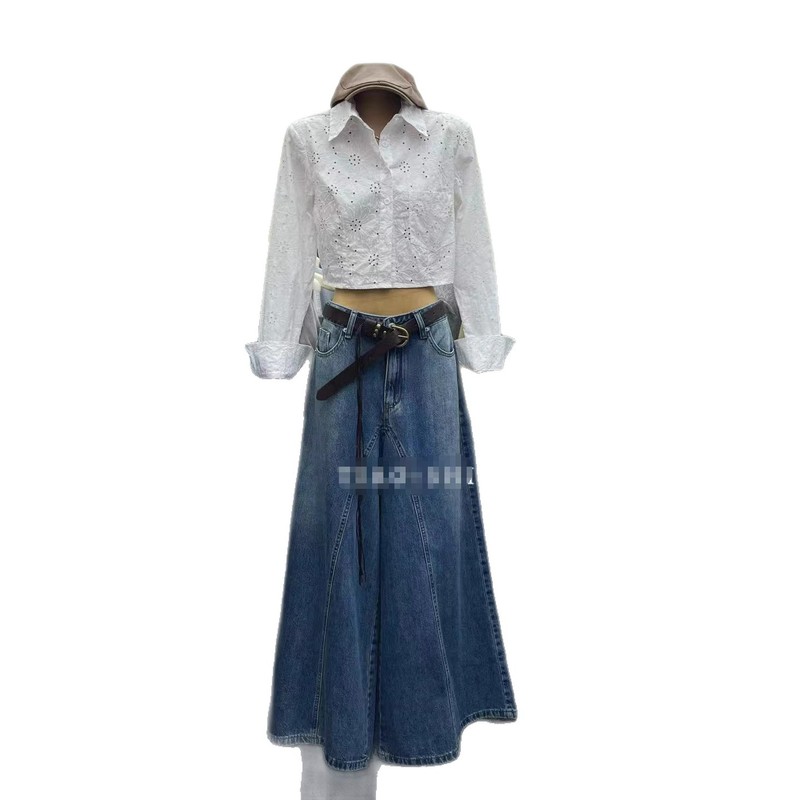 美式复古设计感宽松垂坠感磨白阔腿牛仔裤+时尚翻领短衬衣套装|undefined